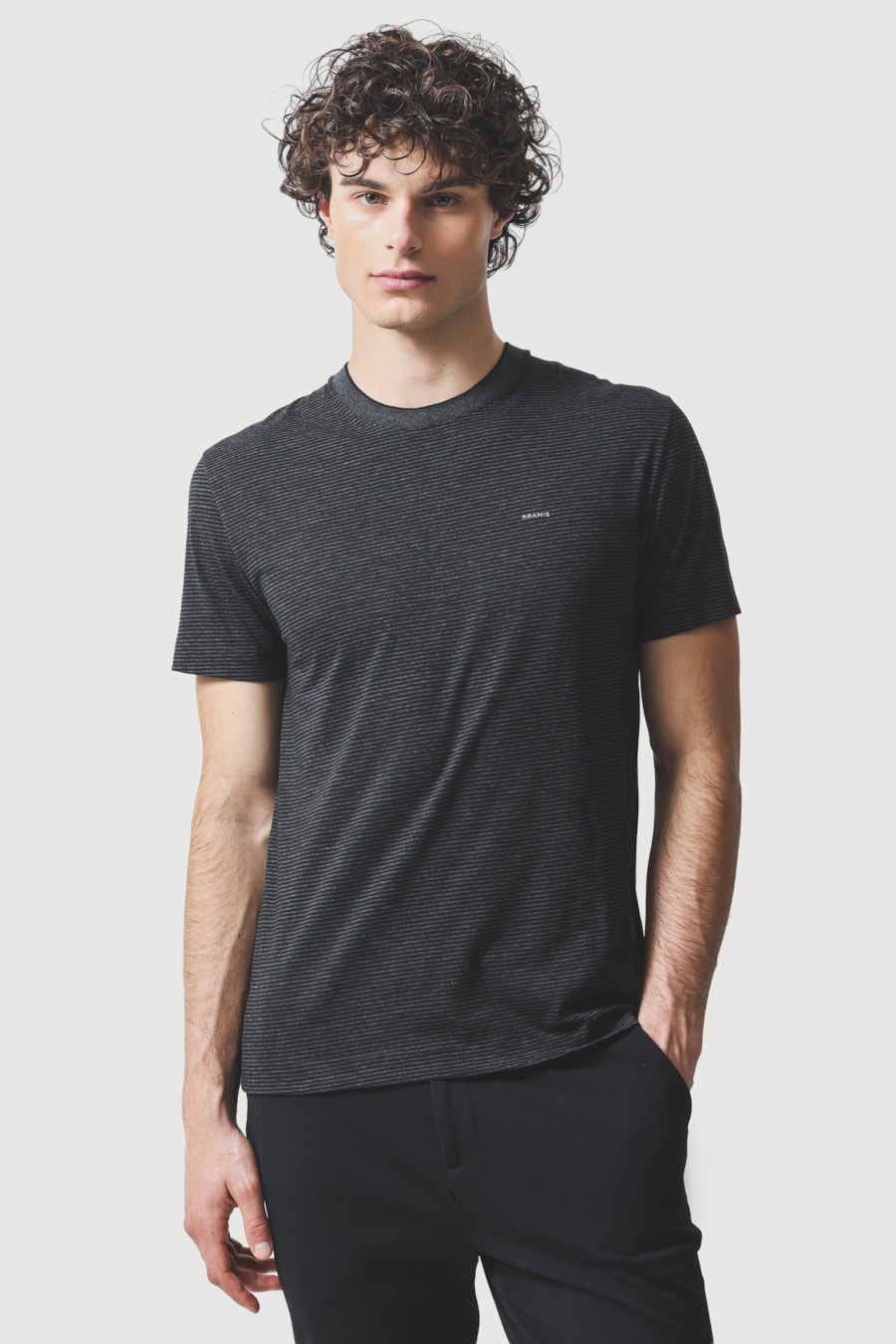 Camiseta Manga Curta Listras Fio Tinto Mescla Preto — foto 1 de 5