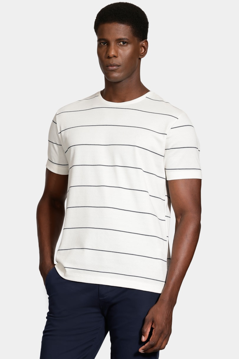 Camiseta Manga Curta Malha Rusc Off White C/ Marinho