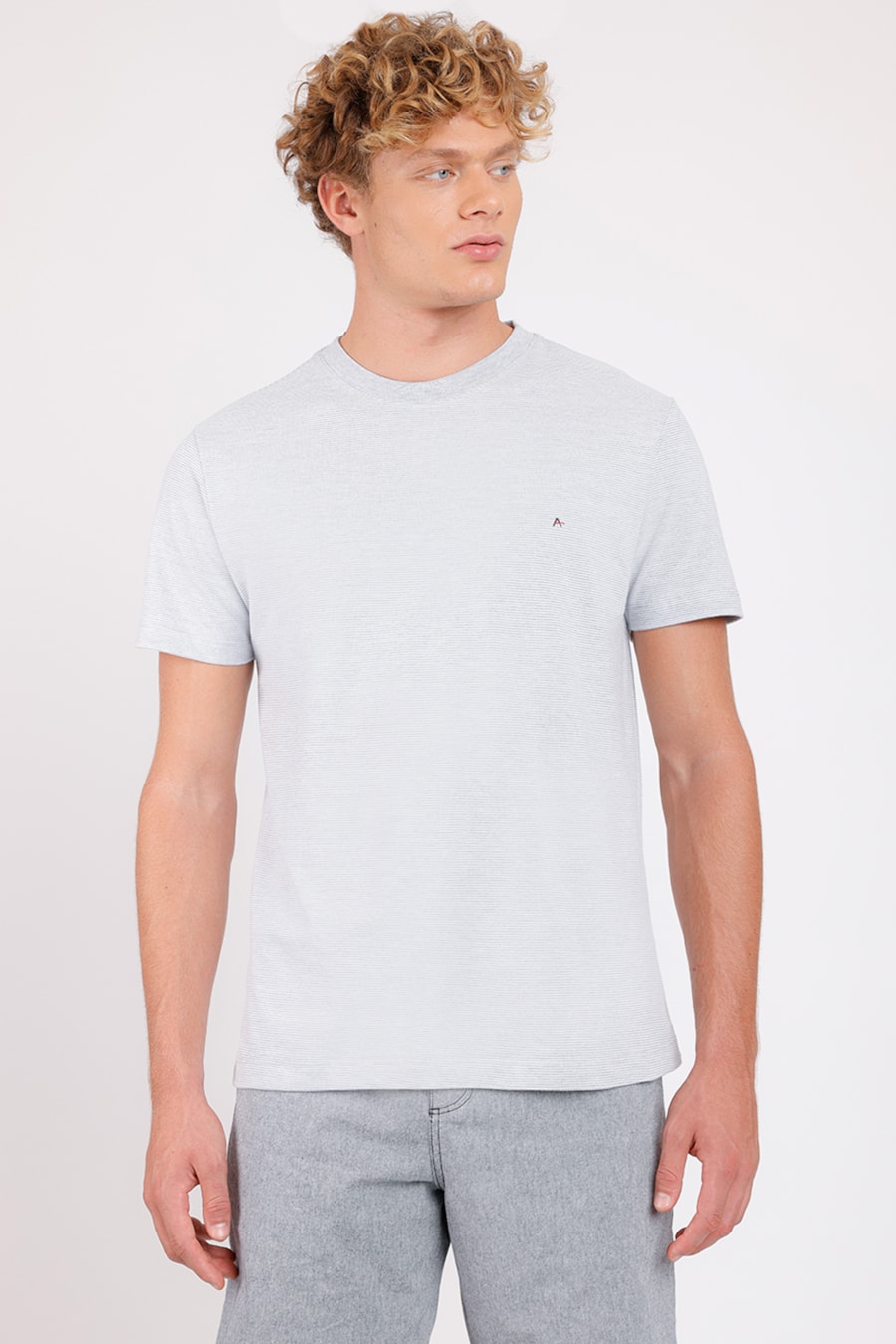 Camiseta Manga Curta Piquet Listrado Cinza Mescla — foto 1 de 4