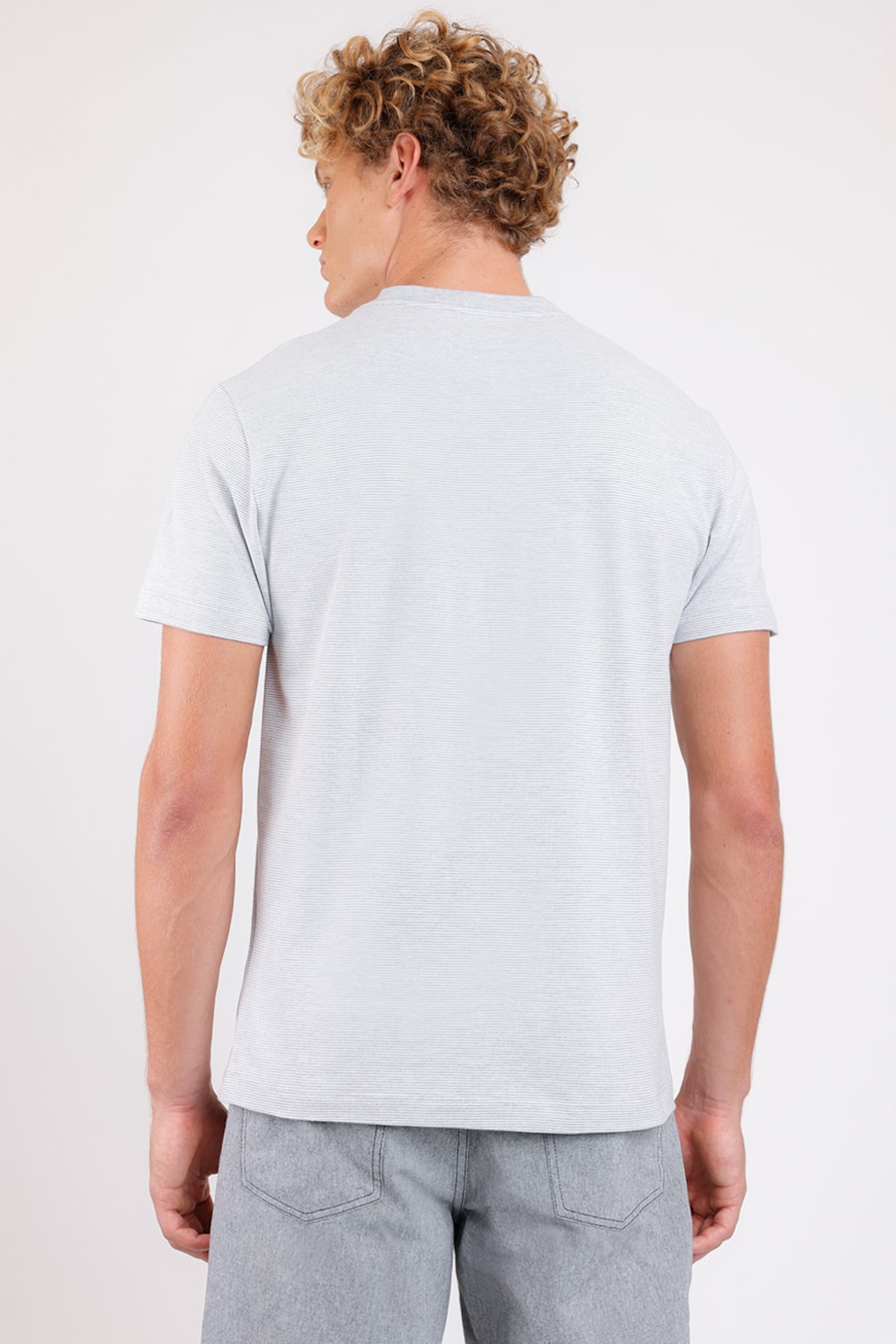 Camiseta Manga Curta Piquet Listrado Cinza Mescla — foto 4 de 4