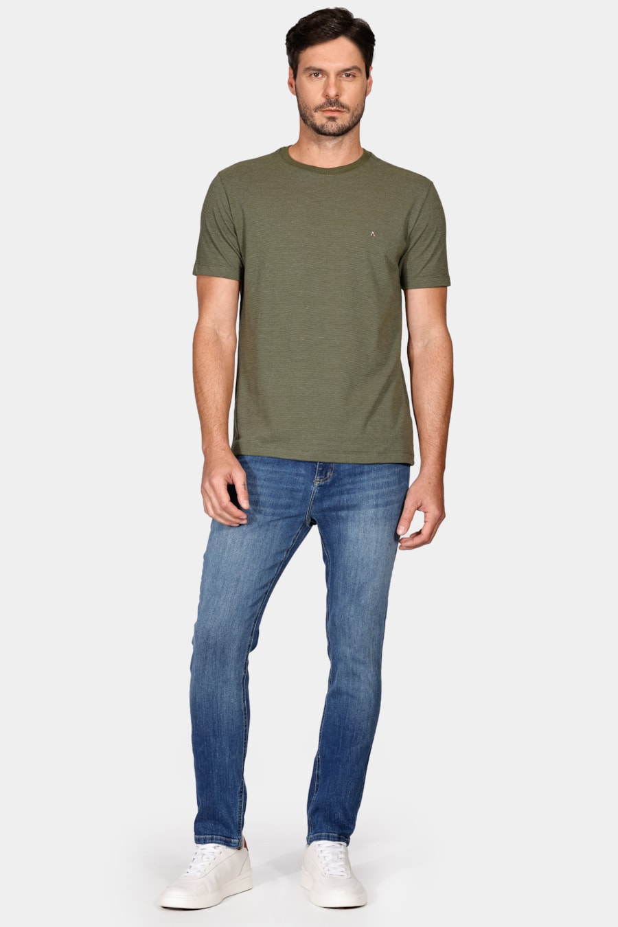 Camiseta Manga Curta Piquet Listrado Verde Água — foto 2 de 4