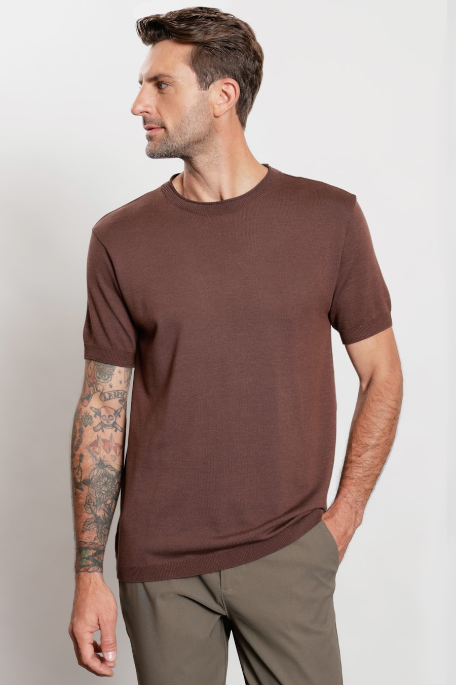 Camiseta Manga Curta Tricot Rawsoft Marrom — foto 1 de 6
