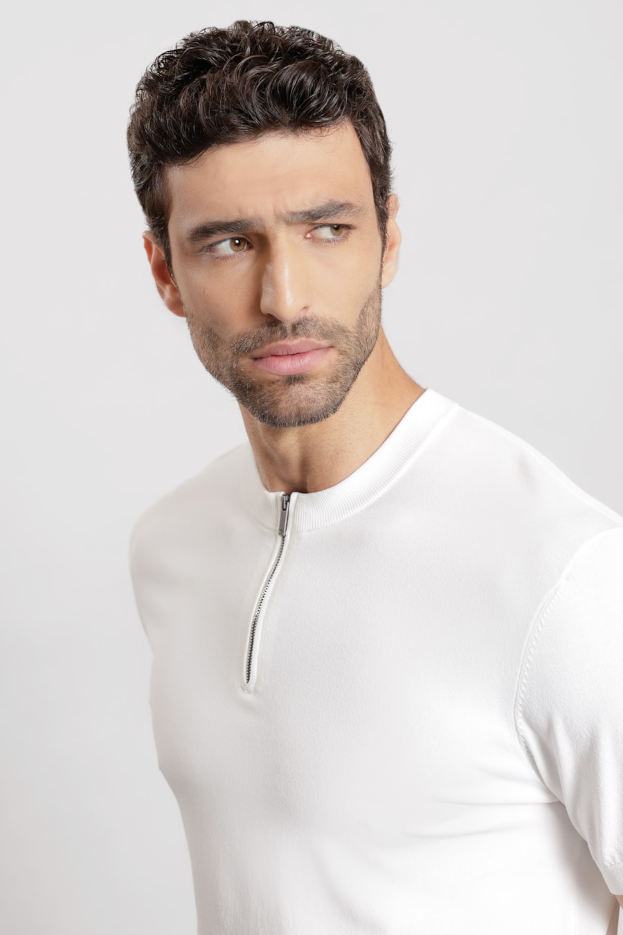 Camiseta Manga Curta Tricot Rayon Ziper Branco Polar — foto 3 de 6