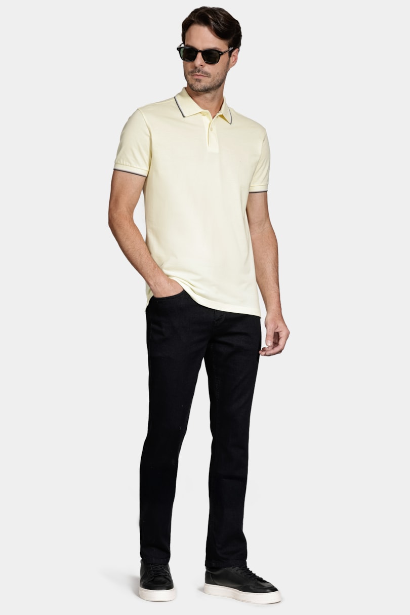 Polo Manga Curta Básica 4 Frisos Amarelo Claro C/Off White
