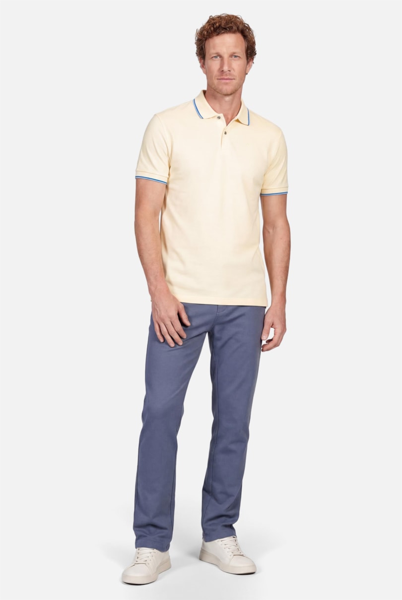 Polo Manga Curta Básica 4 Frisos Amarelo Dente Leão Com Cáqui