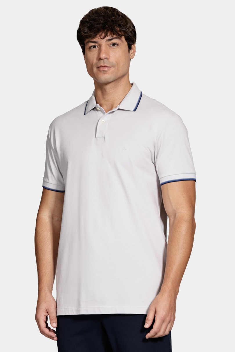 Polo Manga Curta Básica 4 Frisos Cinza Claro C/ Navy