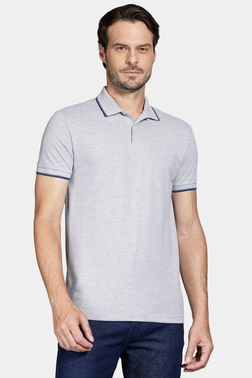 Polo Manga Curta Básica 4 Frisos Cinza Mescla C/ Navy