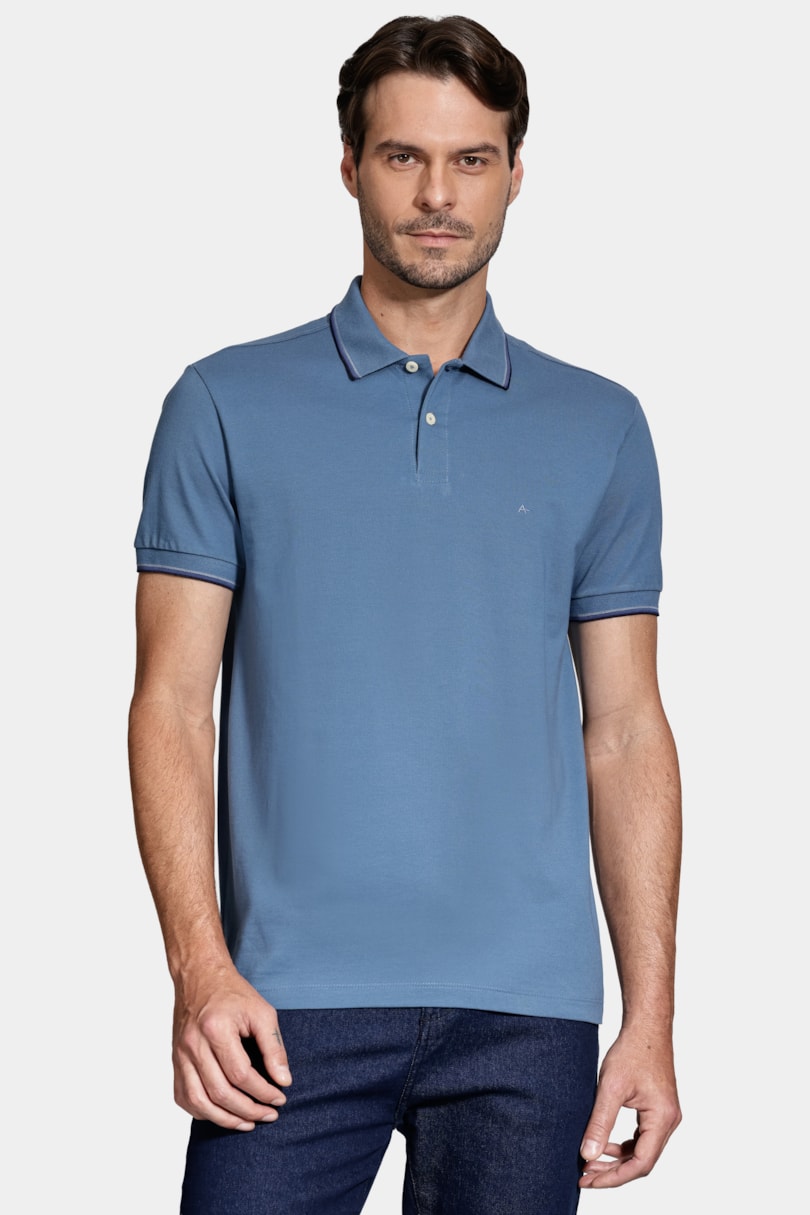 Polo Manga Curta Básica 4 Frisos Indigo C/ Navy