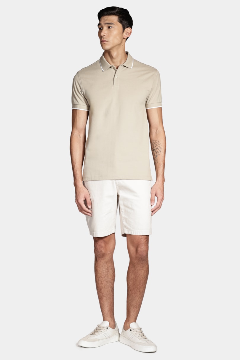 Polo Manga Curta Classic 1 Friso Amendoa Com Off White