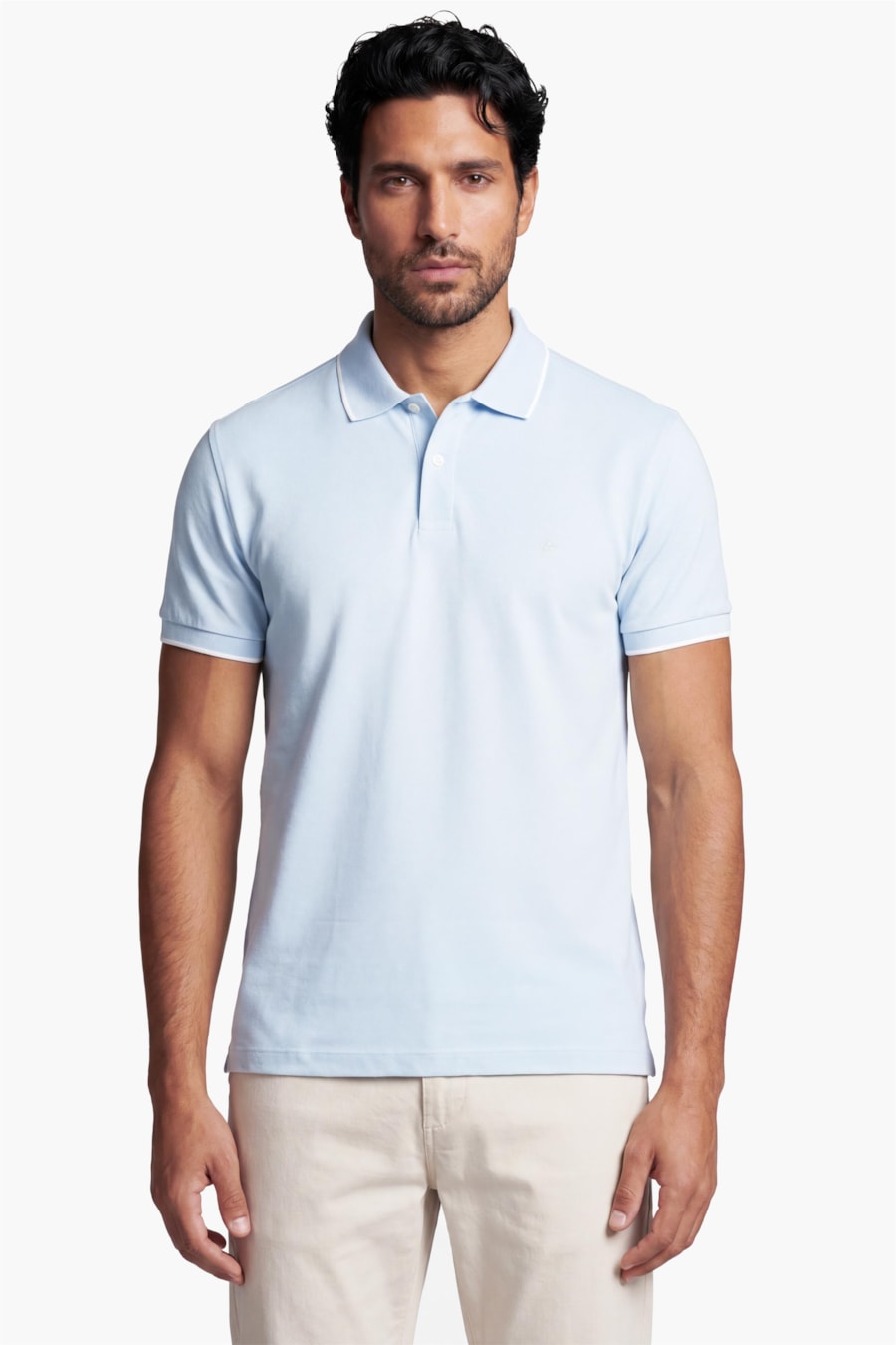 Polo Manga Curta Classic 1 Friso Azul Pastel Com Off White — foto 1 de 4