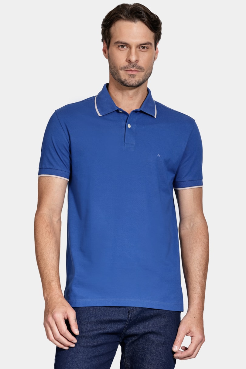 Polo Manga Curta Classic 1 Friso Azul Royal C/ Cinza Claro