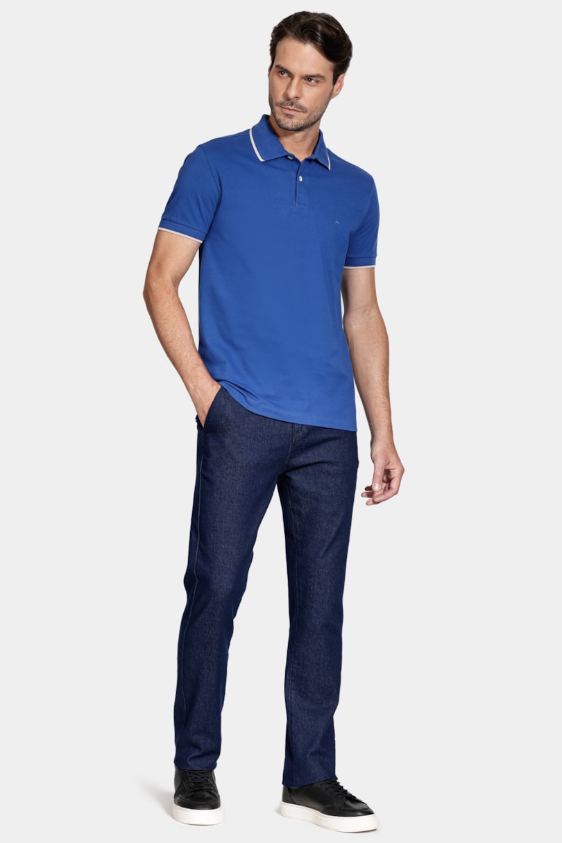 Polo Manga Curta Classic 1 Friso Azul Royal C/ Cinza Claro
