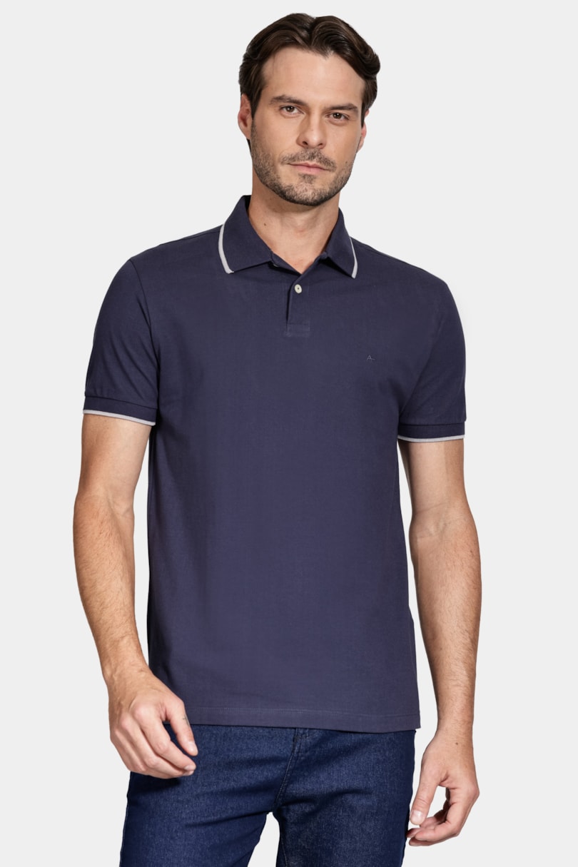 Polo Manga Curta Classic 1 Friso Navy C/ Cinza Claro