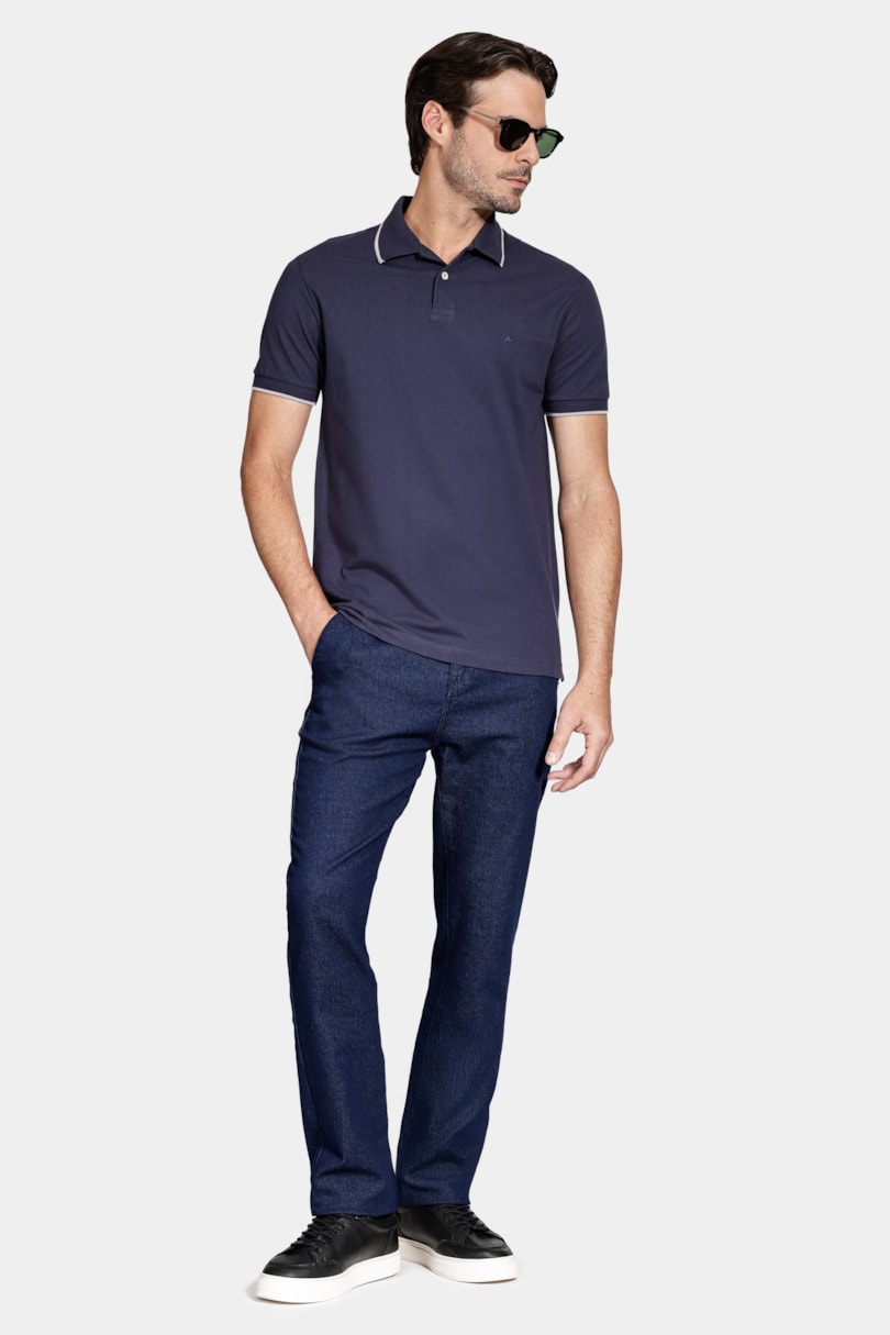 Polo Manga Curta Classic 1 Friso Navy C/ Cinza Claro