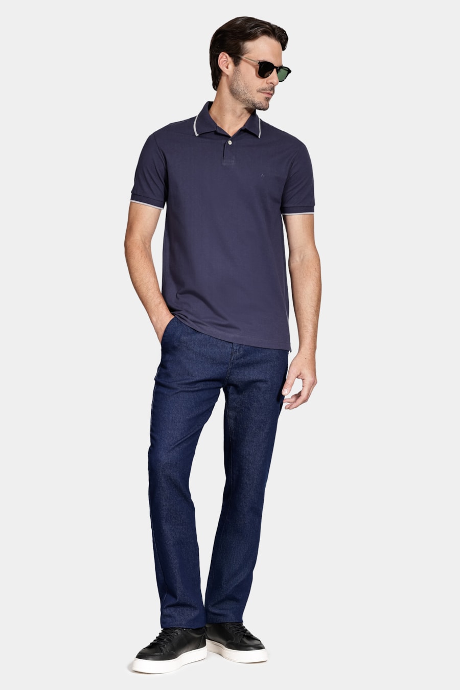 Polo Manga Curta Classic 1 Friso Navy C/ Cinza Claro — foto 2 de 5