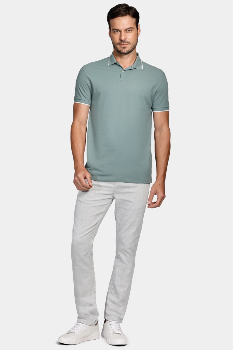 Polo Manga Curta Classic 1 Friso Verde Eucalipto Com Off