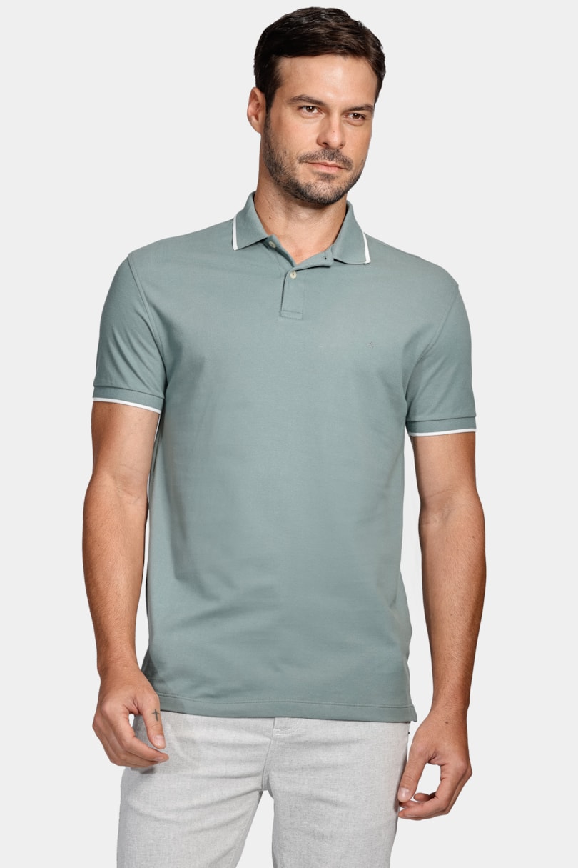 Polo Manga Curta Classic 1 Friso Verde Eucalipto Com Off