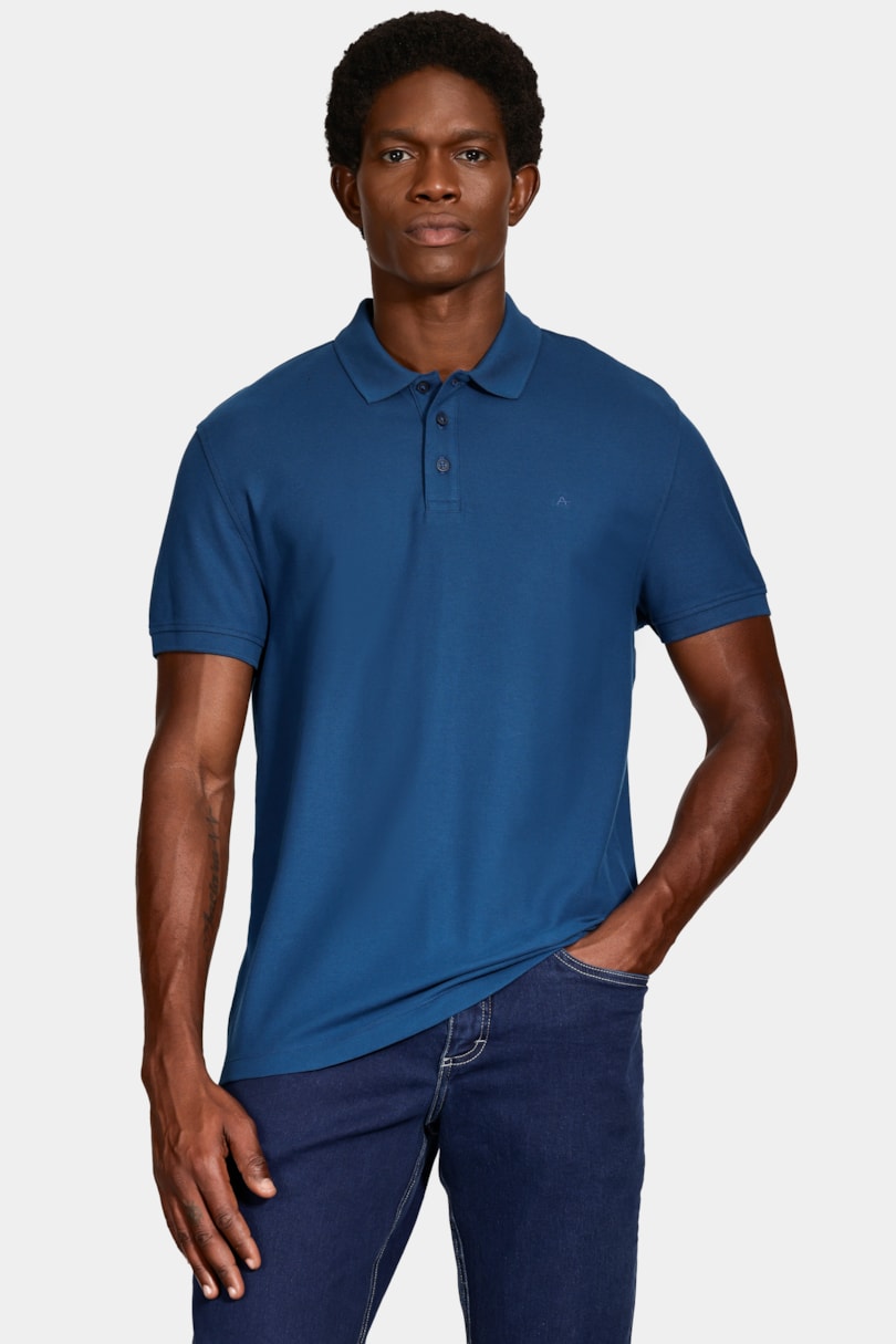 Polo Manga Curta Cotton Piquet Basic Azul Petroleo
