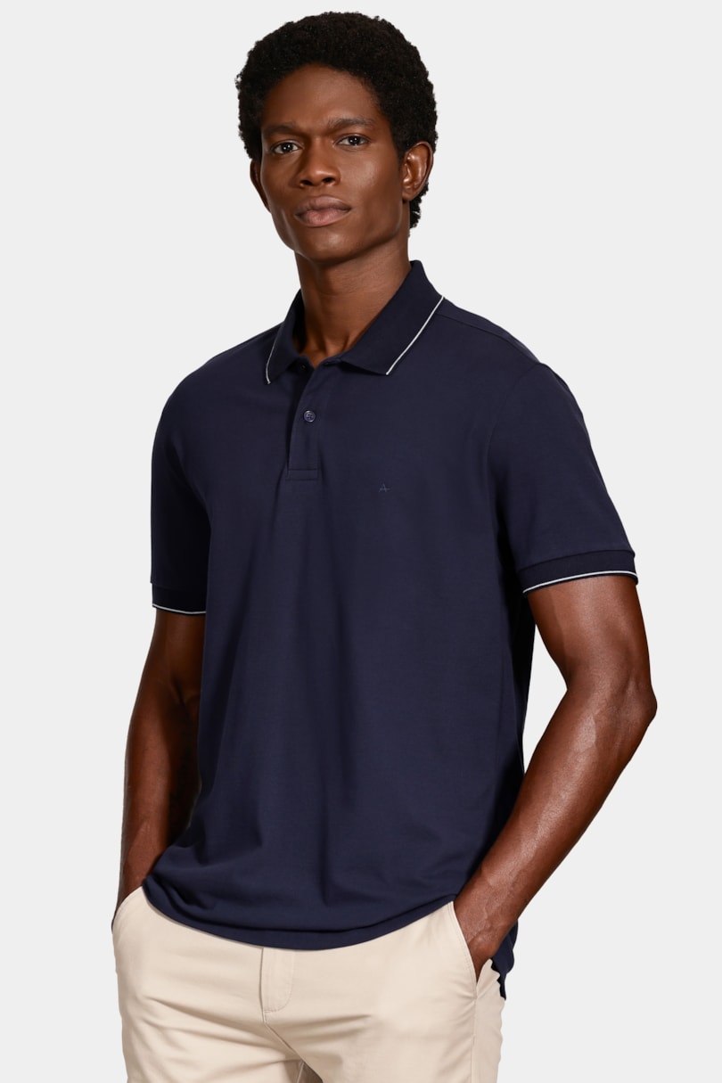 Polo Manga Curta Friso Fino Gola Marinho