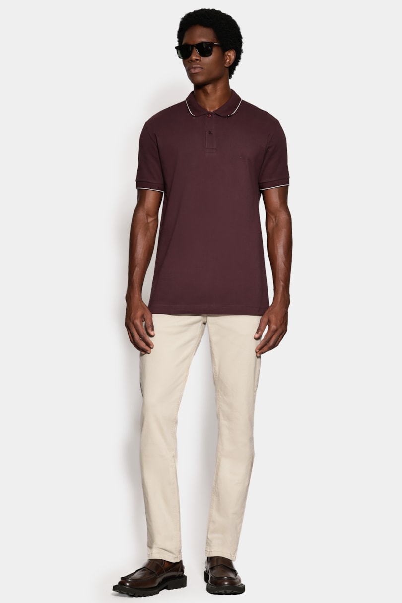 Polo Manga Curta Friso Fino Gola Marrom