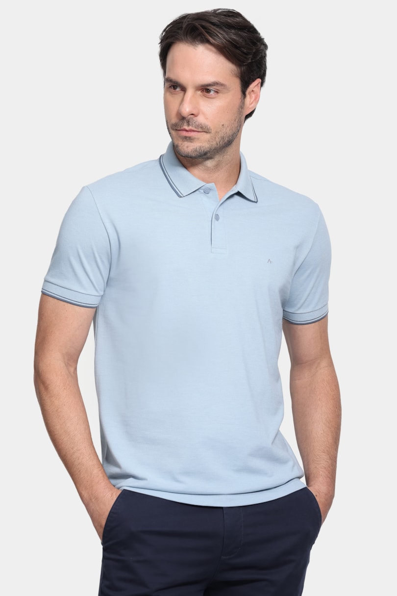 Polo Manga Curta Friso Mescla Azul Celeste