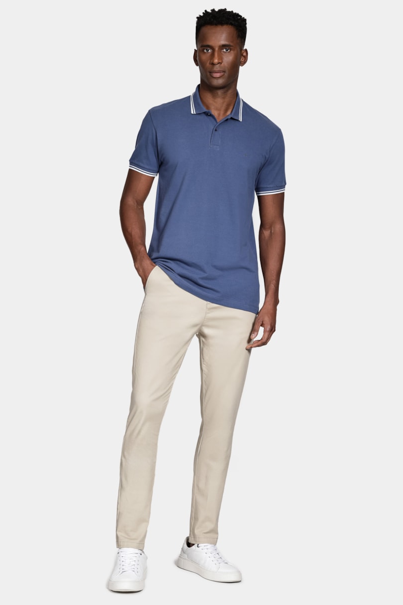 Polo Manga Curta Frisos New Azul Jeans