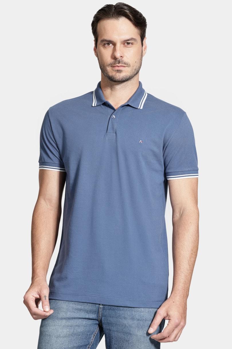 Polo Manga Curta Gola 2 Frisos New Azul Jeans