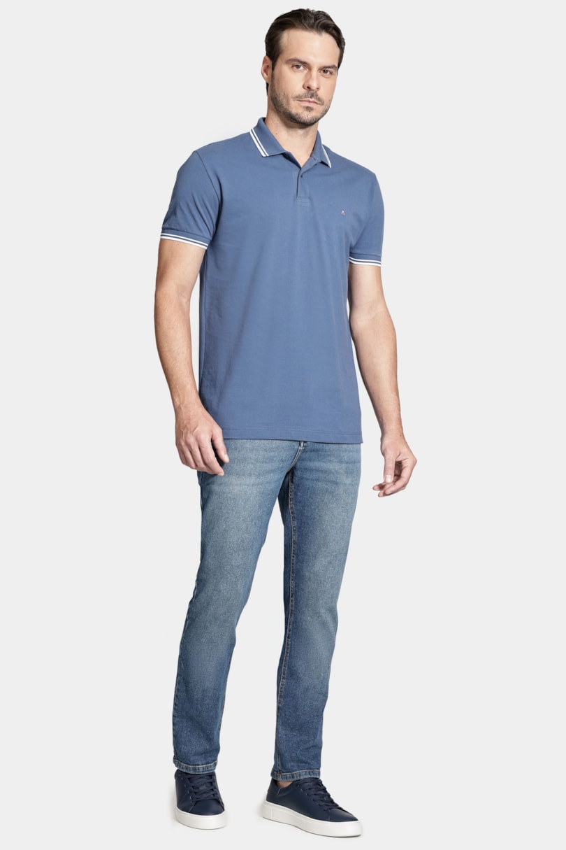 Polo Manga Curta Gola 2 Frisos New Azul Jeans
