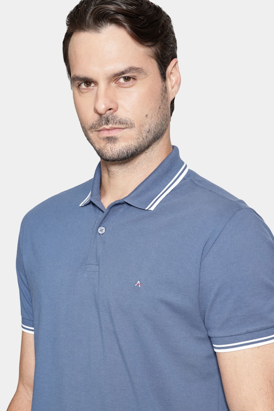 Polo Manga Curta Gola 2 Frisos New Azul Jeans — foto 3 de 5