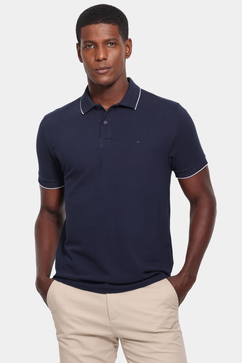 Polo Manga Curta Gola Jacquard Friso Marinho