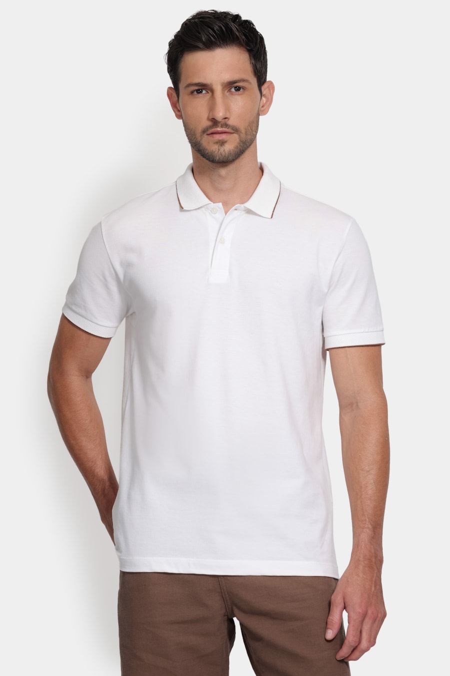 Polo Manga Curta Gola Jacquard Friso Off White — foto 1 de 5