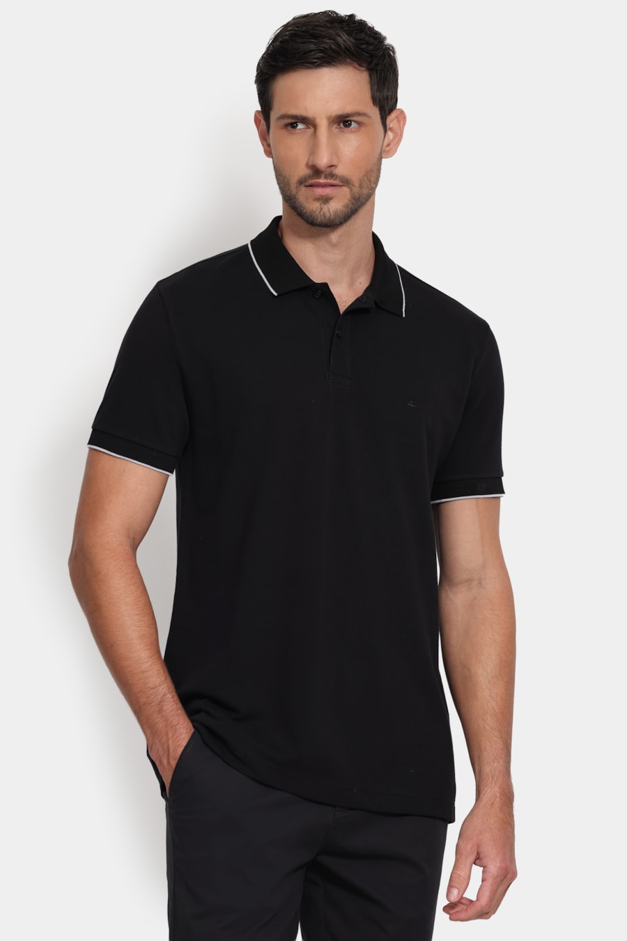 Polo Manga Curta Gola Jacquard Friso Preto — foto 1 de 5