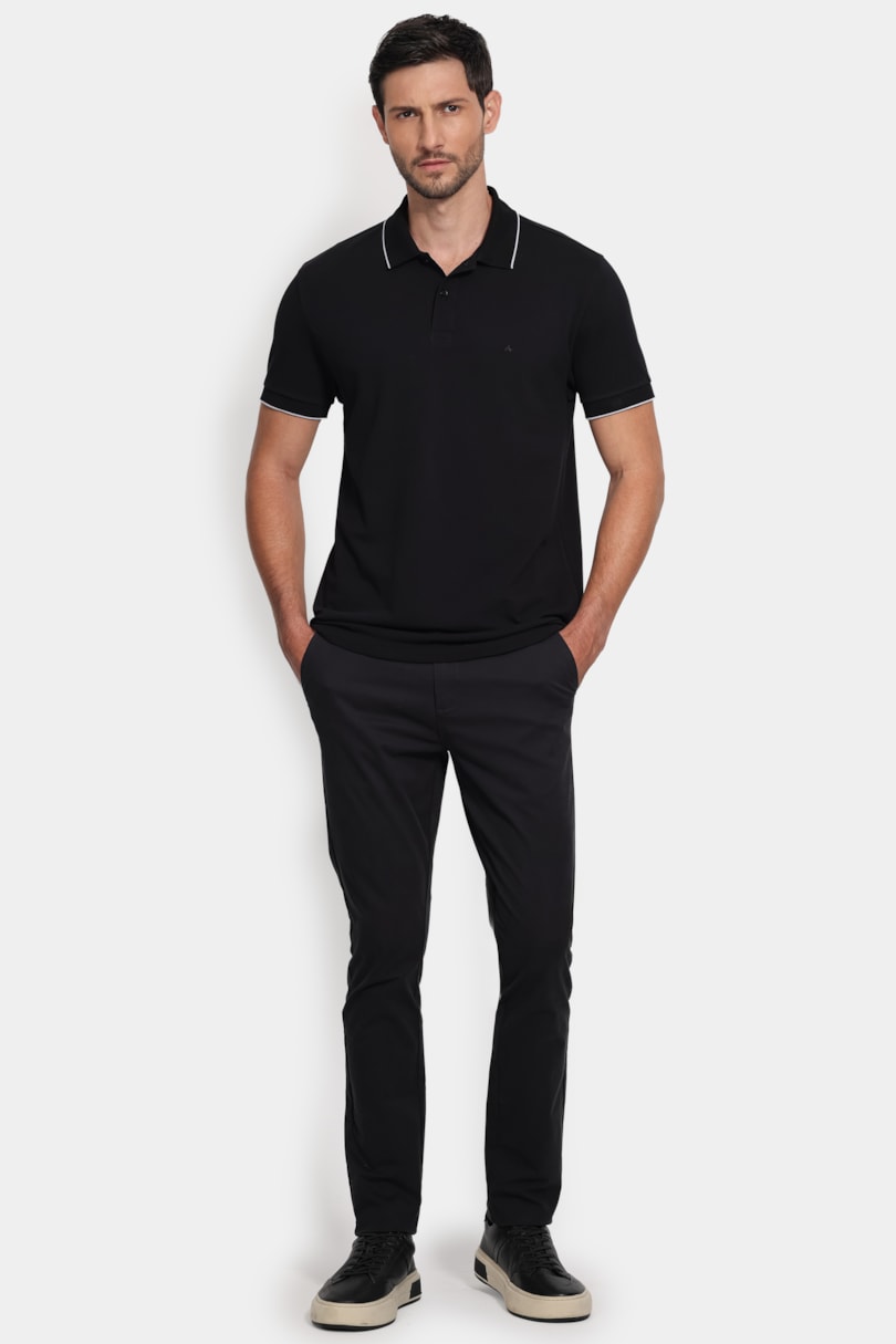 Polo Manga Curta Gola Jacquard Friso Preto