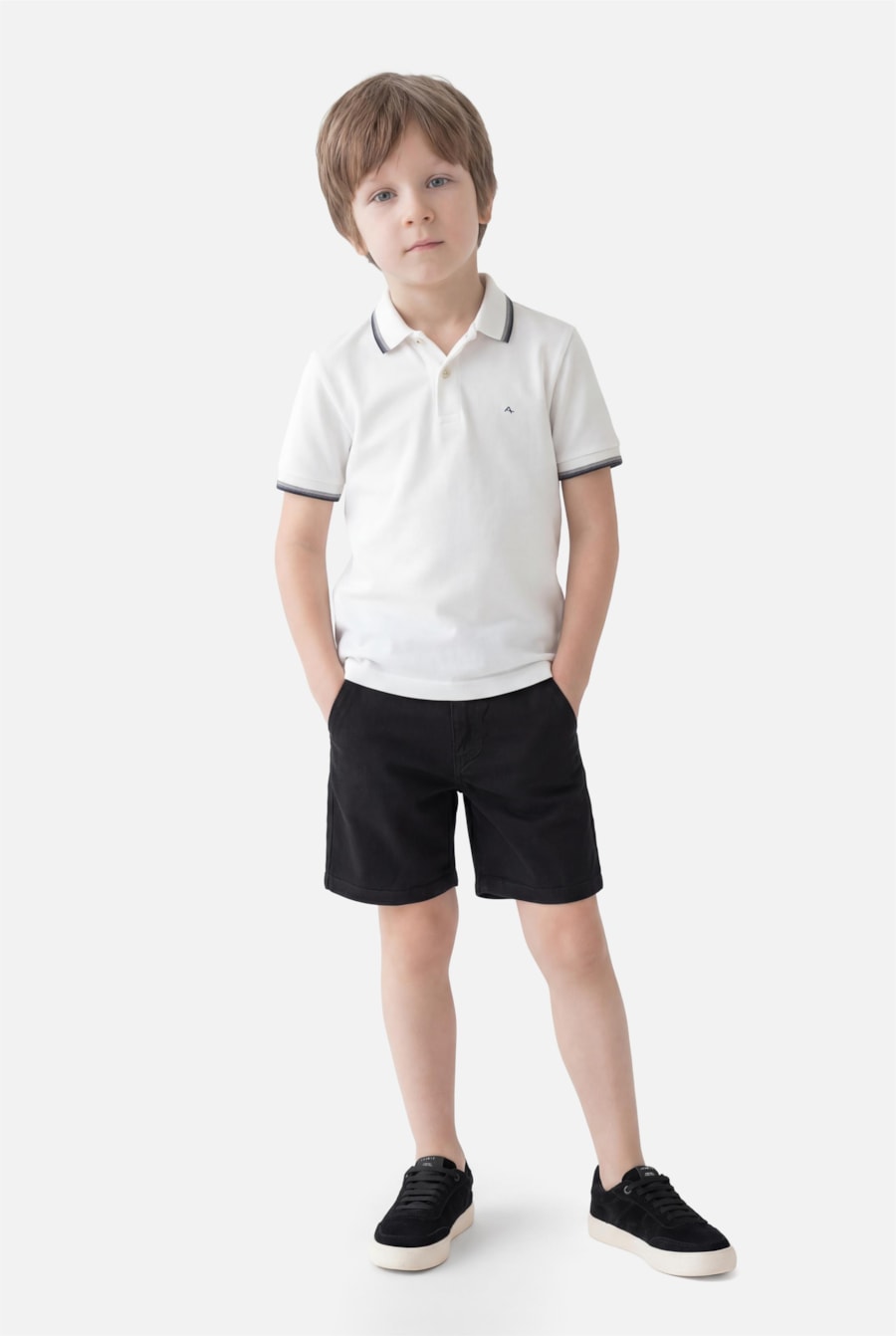 Polo Manga Curta Infantil Frisos Off White — foto 2 de 3