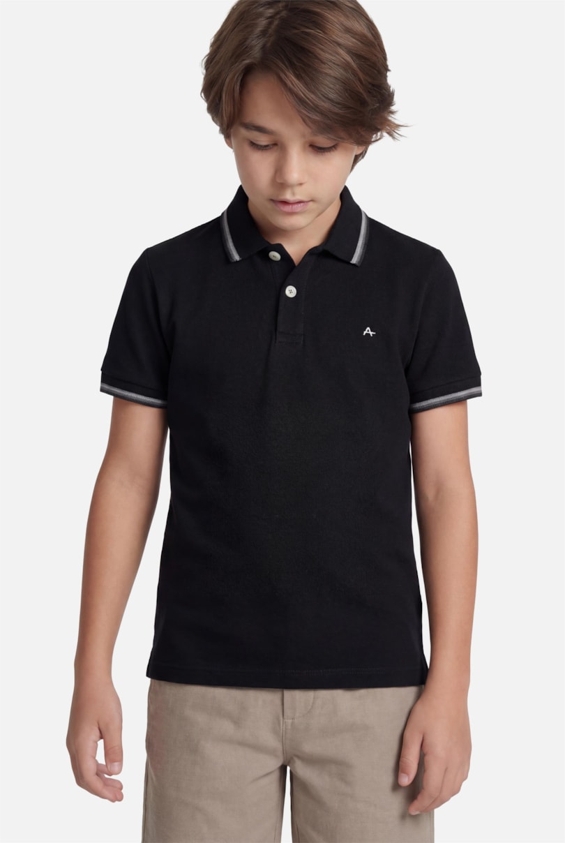 Polo Manga Curta Infantil Frisos Preto