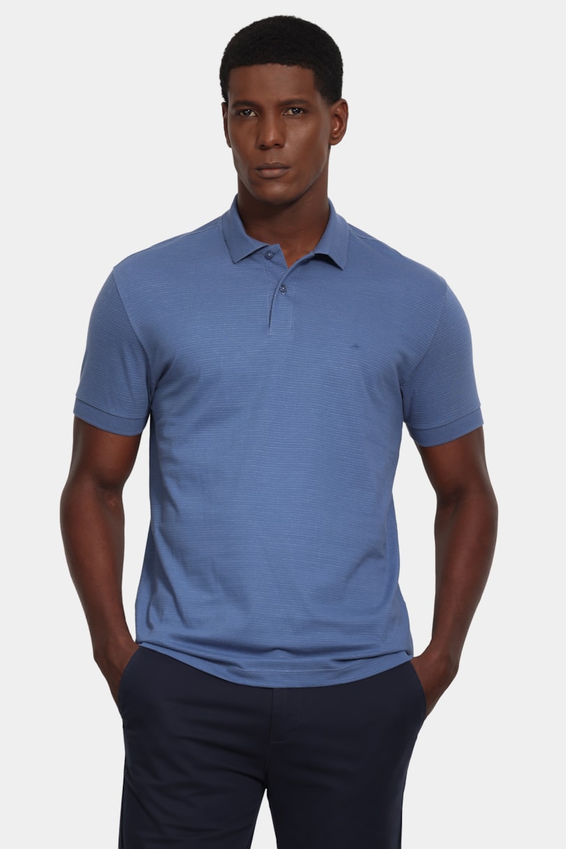 Polo Manga Curta Malha Pontilhada Azul Jeans