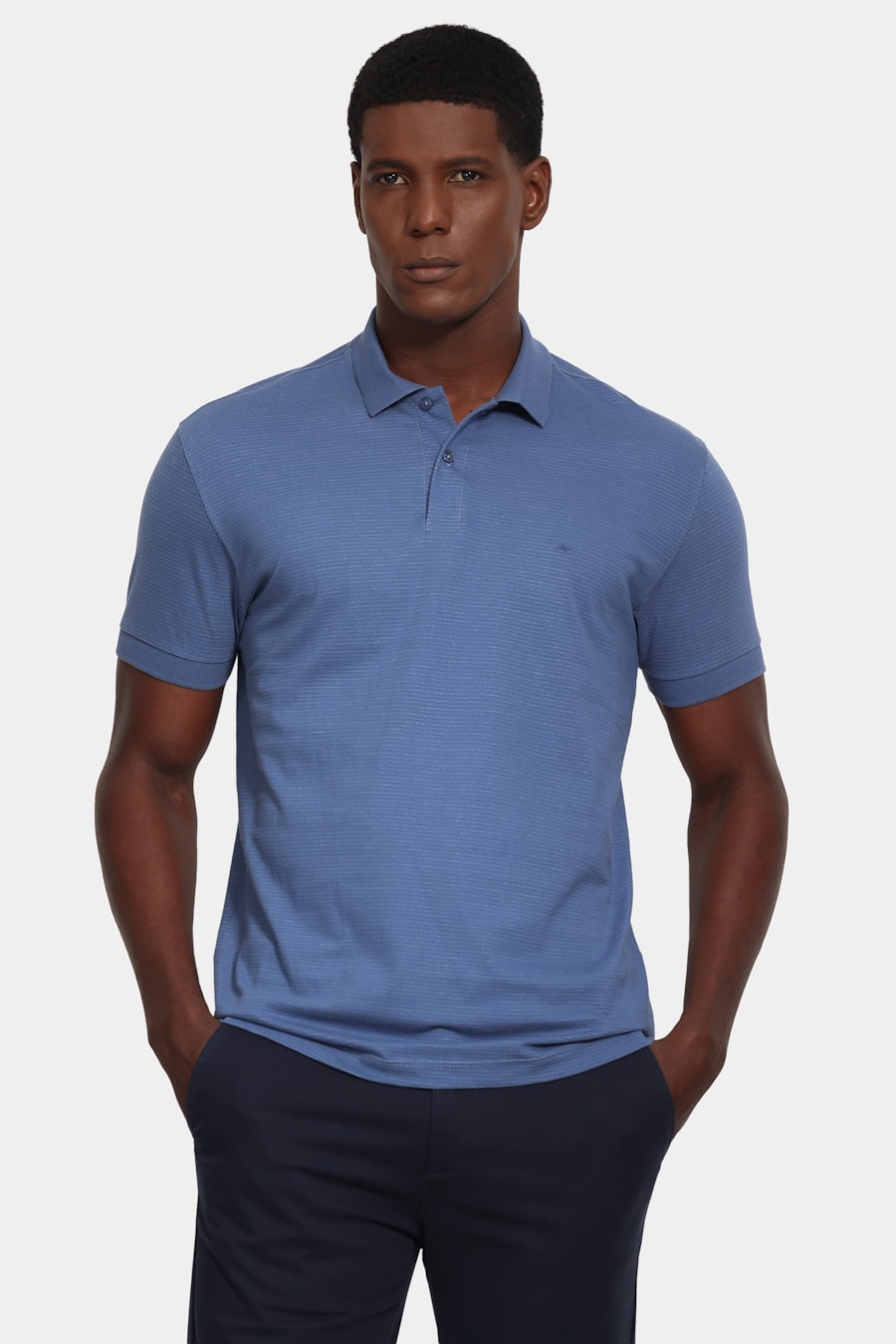 Polo Manga Curta Malha Pontilhada Azul Jeans — foto 1 de 5