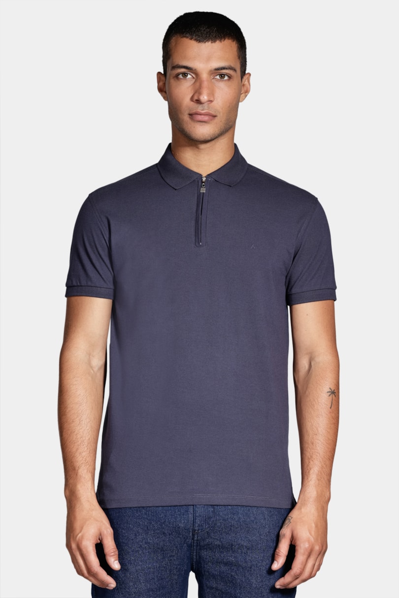 Polo Manga Curta Piquet Com Zíper Azul Marinho