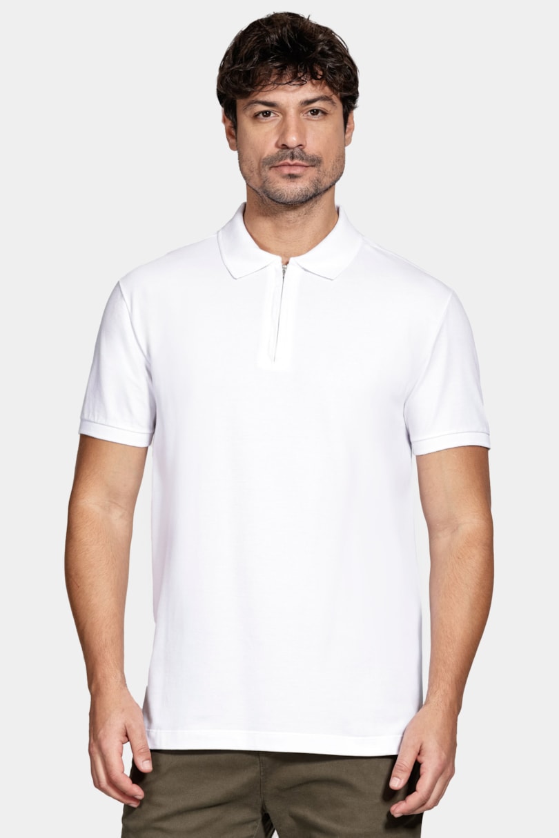 Polo Manga Curta Piquet Com Zíper Branco