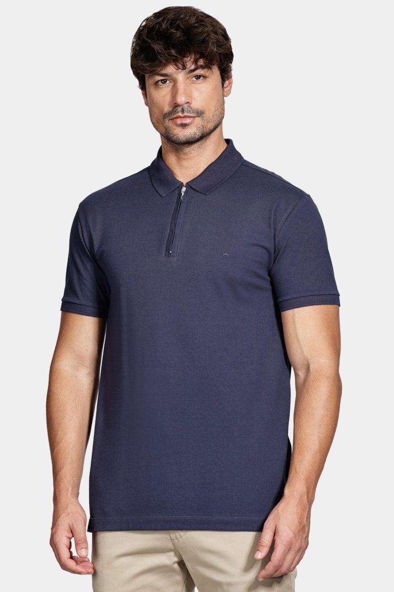 Polo Manga Curta Piquet Com Zíper Navy