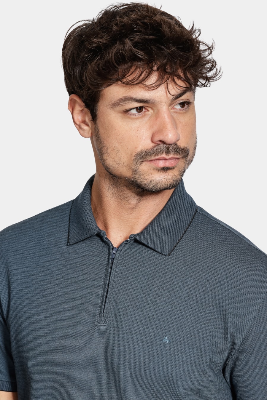 Polo Manga Curta Piquet Duplo Selfie Azul Neblina — foto 3 de 5