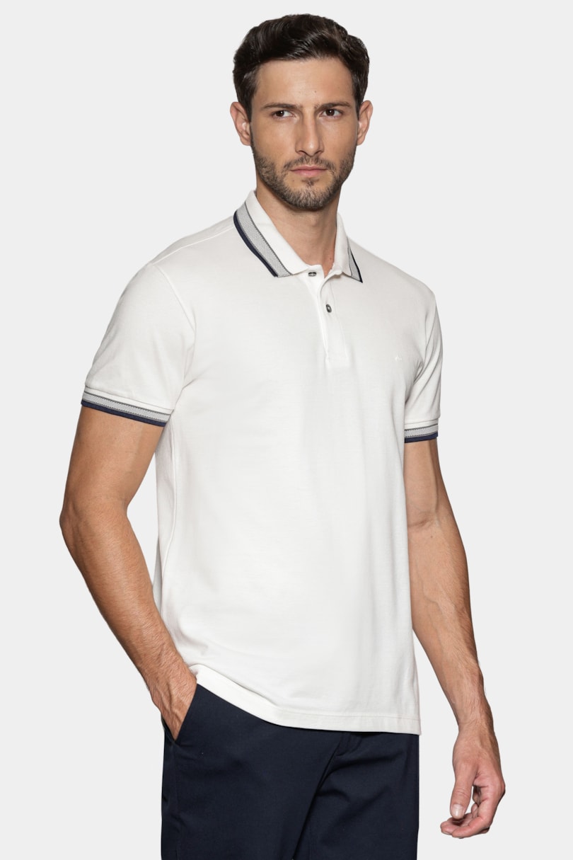 Polo Manga Curta Piquet Gola Com Frisos Off White