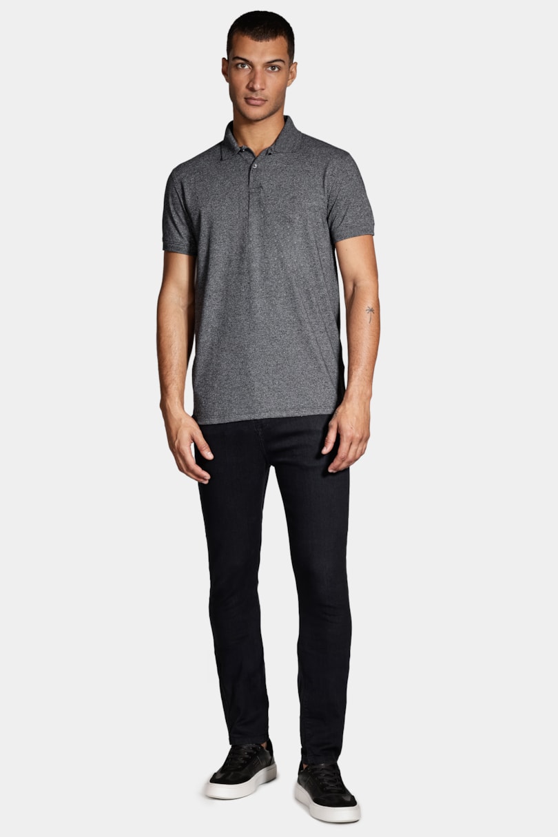 Polo Manga Curta Piquet Gola Jacquard Preto