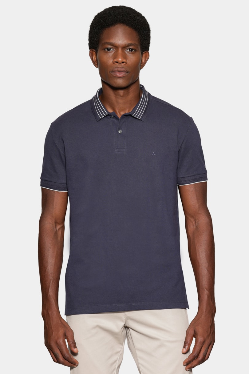 Polo Manga Curta Piquet Gola Listras Navy