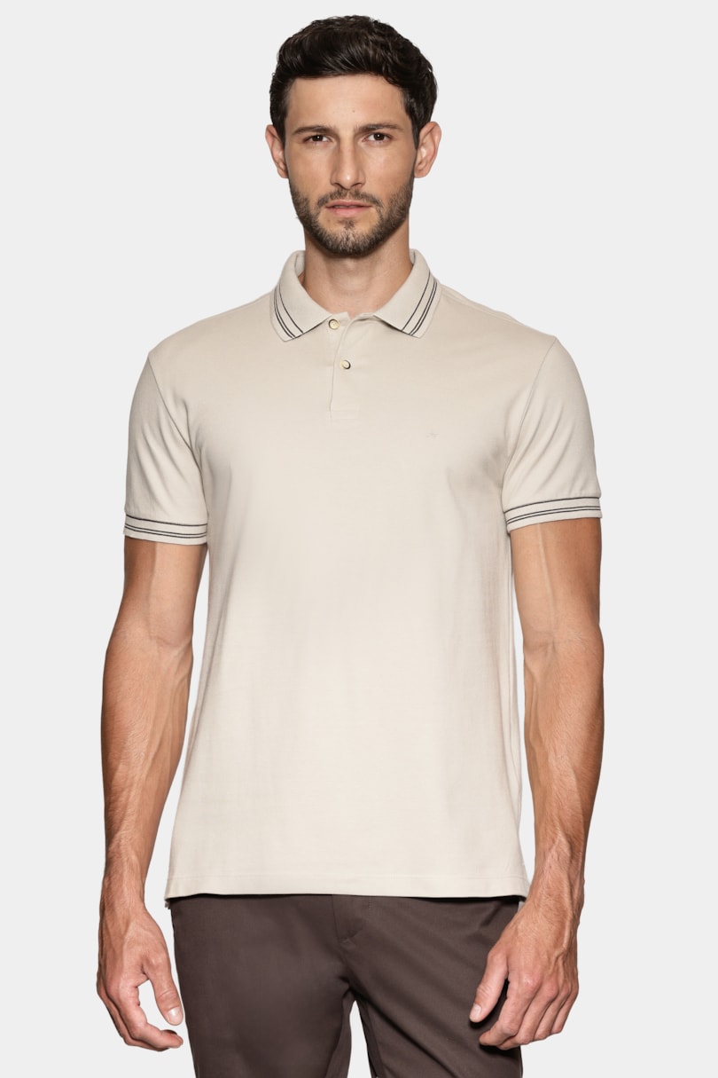 Polo Manga Curta Piquet Gola Listras Off White