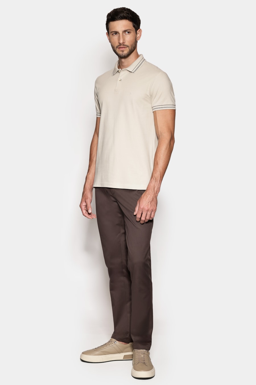Polo Manga Curta Piquet Gola Listras Off White — foto 2 de 6