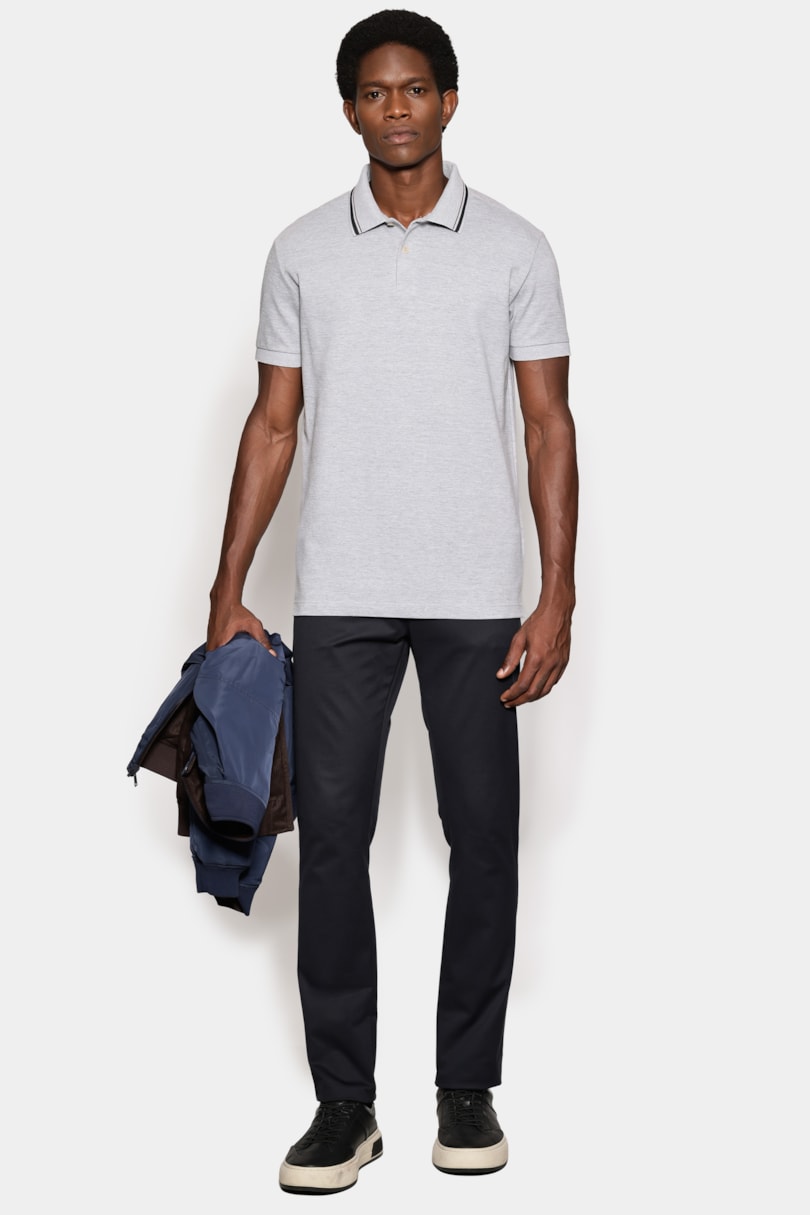 Polo Manga Curta Piquet Gola Navy Cinza Mescla