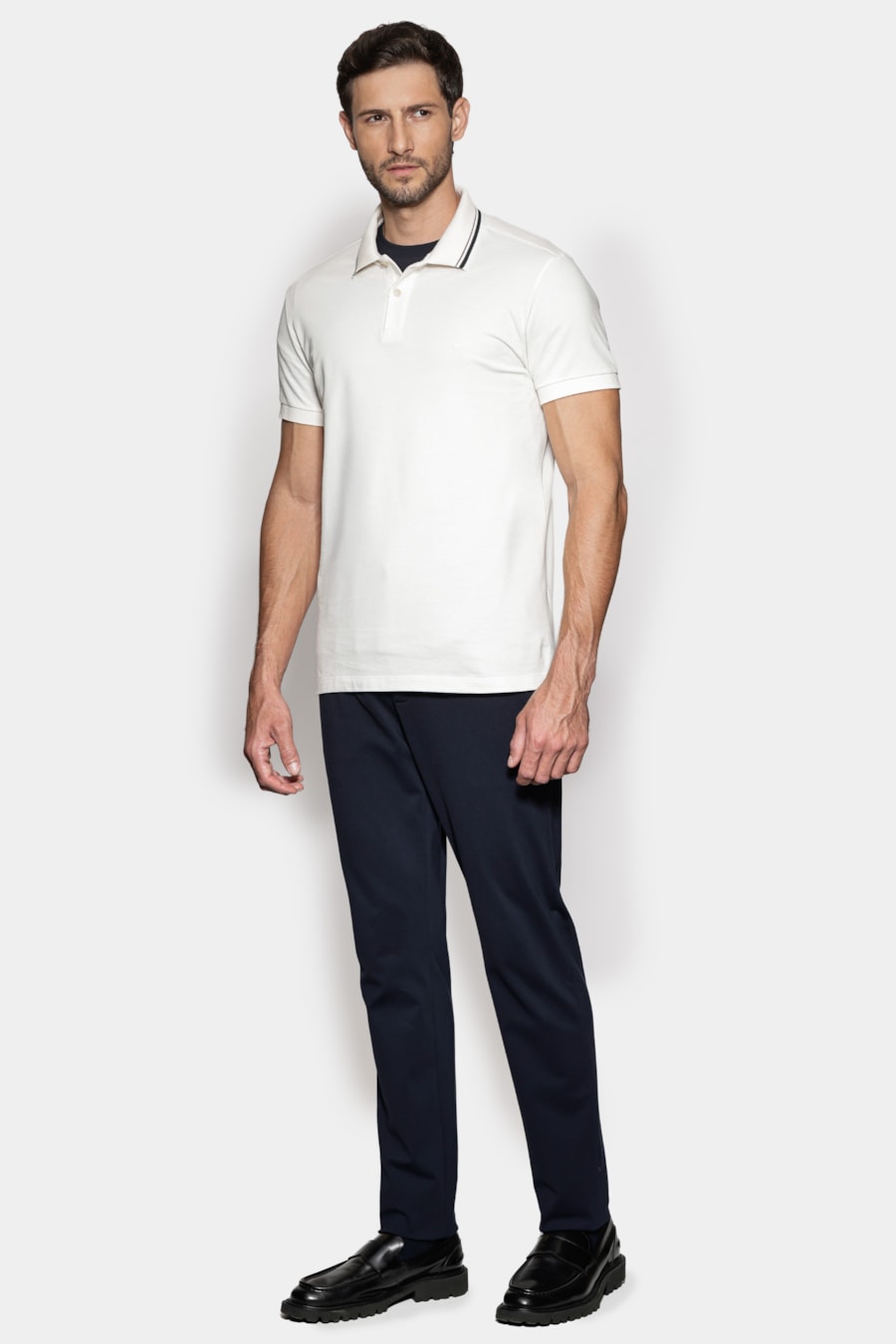 Polo Manga Curta Piquet Gola Navy Off White — foto 2 de 5