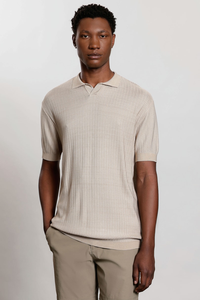 Polo Manga Curta Tricot Rib Rayon Camel