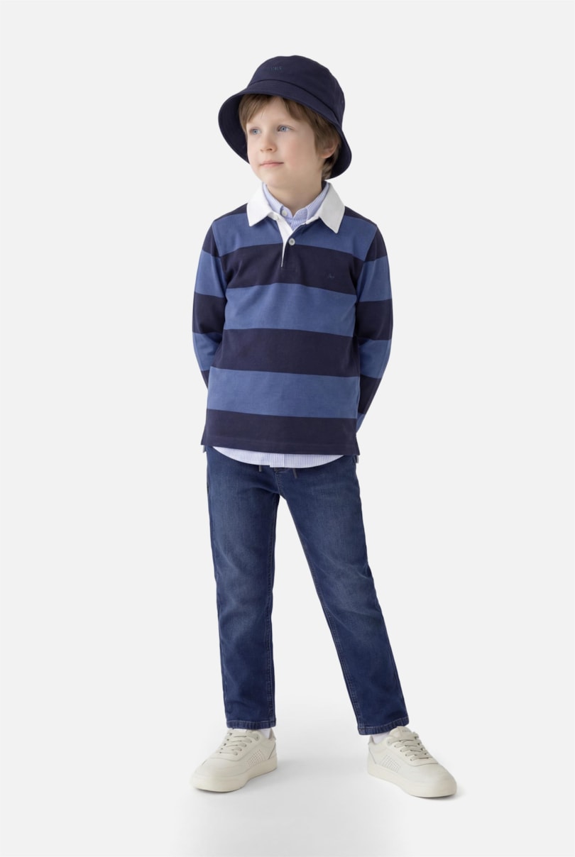 Polo Manga Longa Infantil Decote Aberto Marinho C/ Aluminio